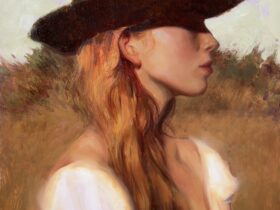 Figurative oil painting of a woman in profile with a contemplative, atmospheric quality by artist Kelley Mogilka.