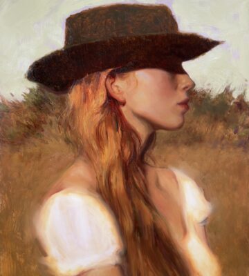 Figurative oil painting of a woman in profile with a contemplative, atmospheric quality by artist Kelley Mogilka.