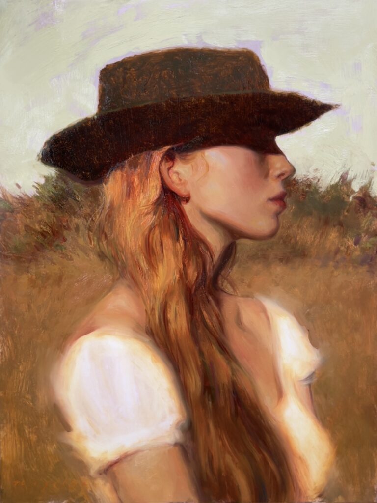 Figurative oil painting of a woman in profile with a contemplative, atmospheric quality by artist Kelley Mogilka.