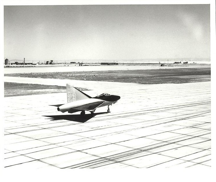 A U.S. Air Force F-92 painted as a fictional “MiG-23” for Jet Pilot taxis across the Edwards runway during filming in 1950. (U.S. Air Force/412th Test Wing Archives)