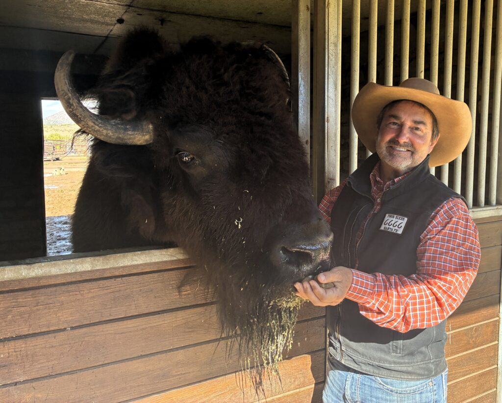 Clint Mortenson standing beside Clyde, his pet buffalo, at Eaves Movie Ranch